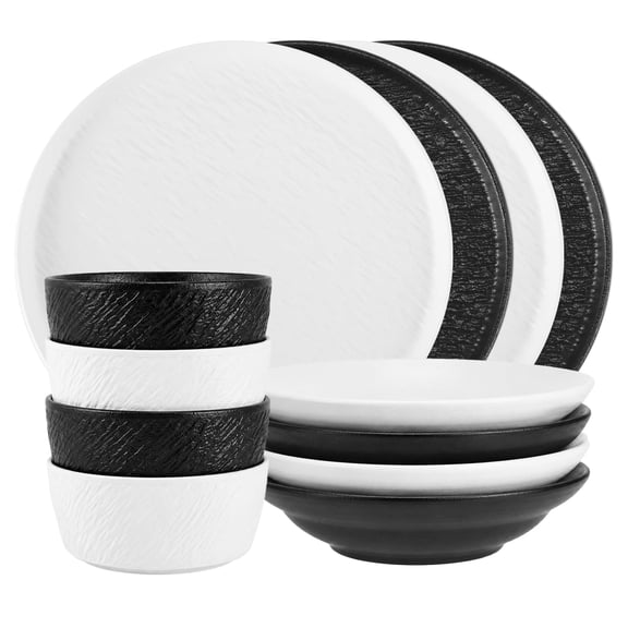 Dinnerware Dishes Sets for 4, Chip & Scratch Resistant Ribbed Dish Set for Home Restaurant, Microwave & Dishwasher Safe White & Matte Black