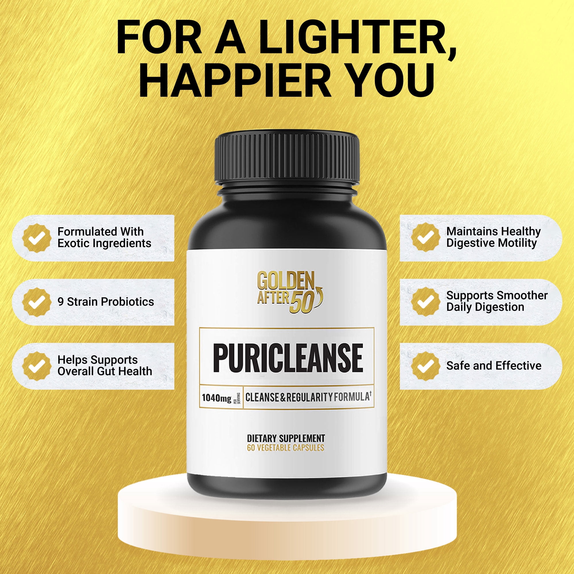 Golden After 50 PuriCleanse - Detox and Colon Cleanse Support - 60 Capsules, 1040mg - Gut Cleanse and Fiber Supplement with Senna Leaf Extract, Psyllium Husk Powder and Probiotics for Men and Women