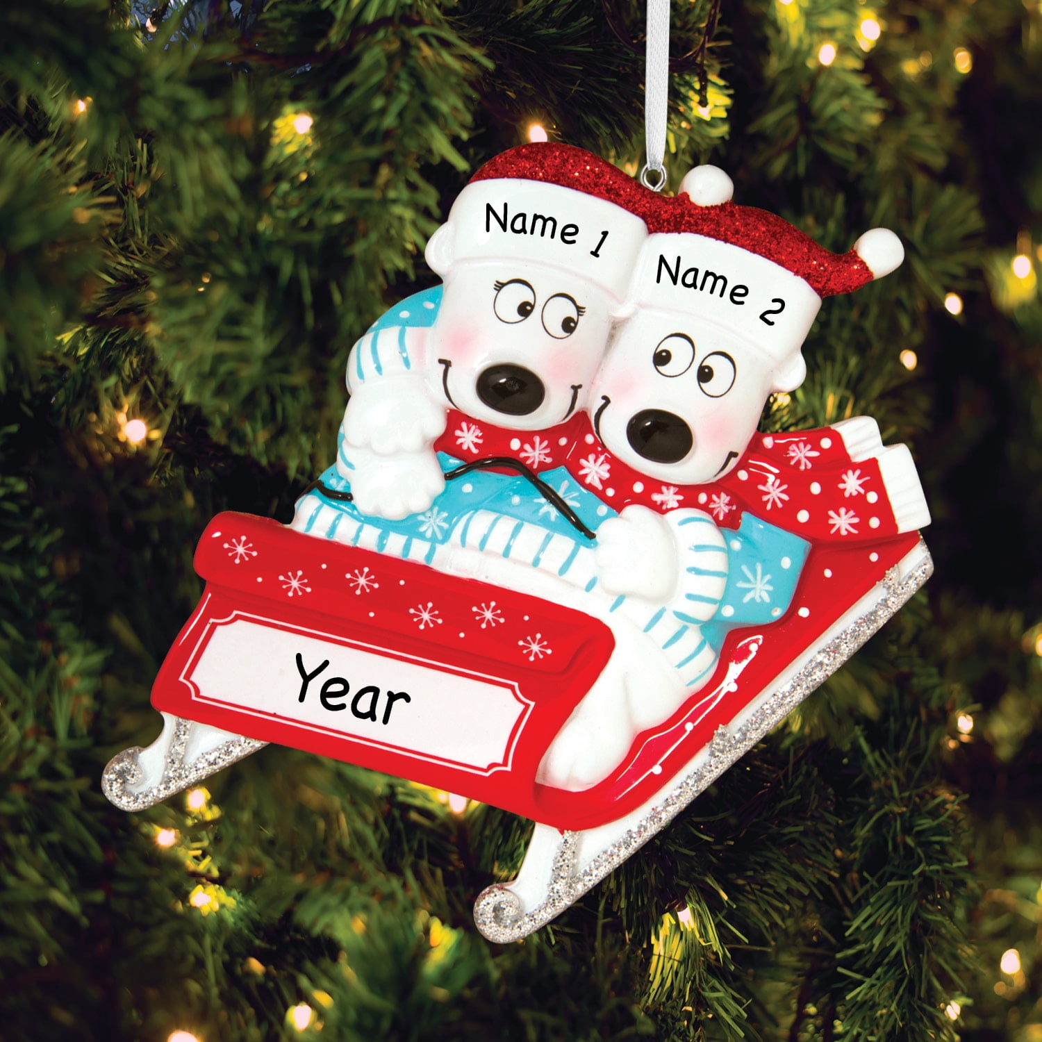 Personalized Bears on Sled Christmas Tree Ornament
