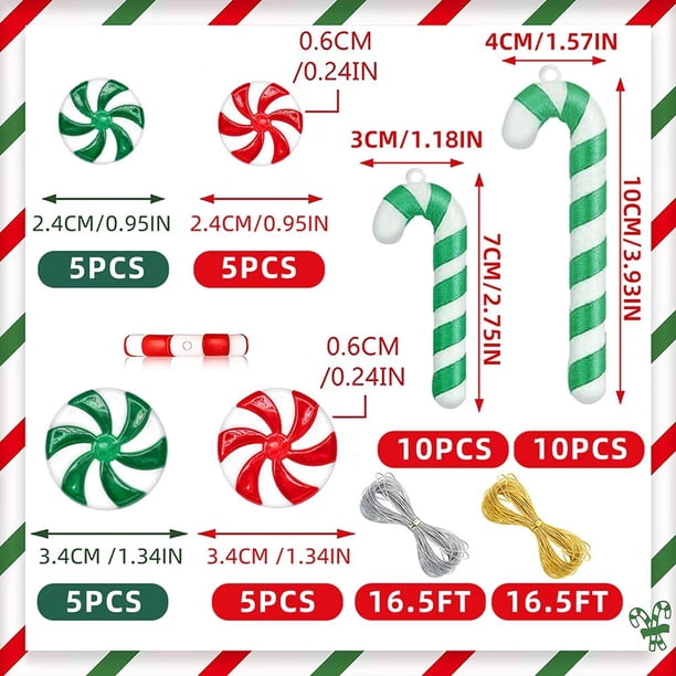 Bastón de plástico con temática de caramelo para decoración del hogar, adornos navideños para árbol de Navidad, 40 piezas, rojo y verde, suministros para fiestas navideñas