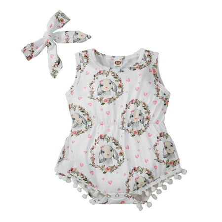 

QYZEU Girls Rompers Fall Romper Baby Girl Toddler Girls Easter Sleeveless Romper Cartoon Rabbit Prints Summer Jumpsuit Headbands Outfits
