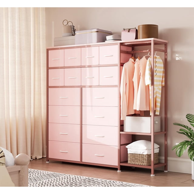 Commode Haute Yiwa pour Chambre, 16 Tiroirs avec Support à Vêtements Intégré, Tour de Rangement en Tissu