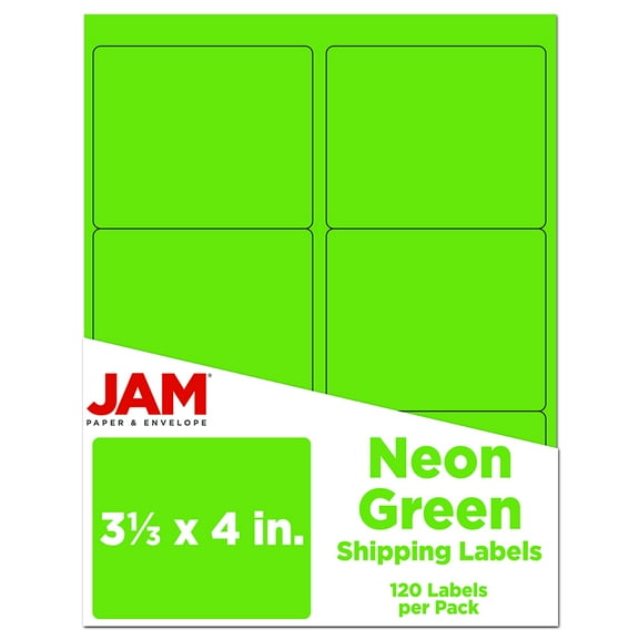 JAM Paper Shipping Address Labels, Large, 3 1/3 x 4, Neon Fluorescent Green, 120 per Pack