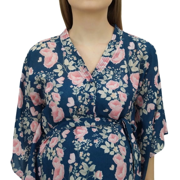 Bimba Moms Blue Floral Printed Kimono Sleeve Maternity Kaftan With Belt-8