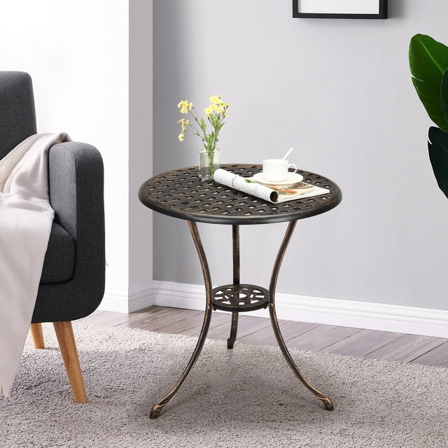 Table Bistro de Patio en Aluminium Coulé Résistant aux Intempéries – Rond 23,6 Pouces, Trou pour Parasol 2 Pouces, Résistant à la Rouille, Parfait pour Jardin, Café, Balcon, Véranda, Cour Arrière – Bronze 23,6 Pouces