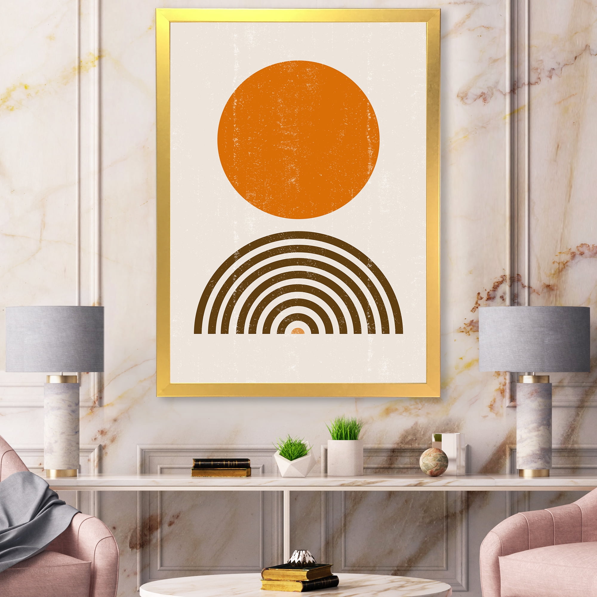 Designart 'Abstract Minimal Rainbow and Orange Sun I' Modern Framed Art Print