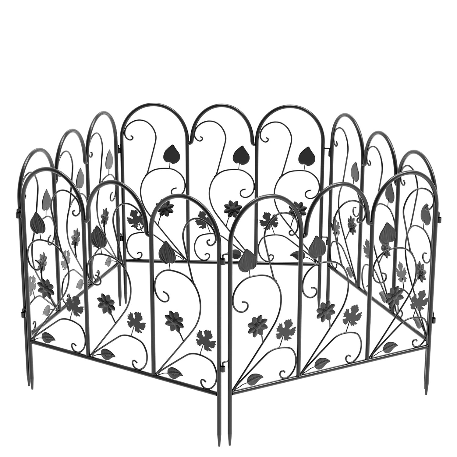 Wisfor 5 Panels Decorative Garden Fence Rustproof Black Metal Animal Barrier, 23.4x24.3 inch