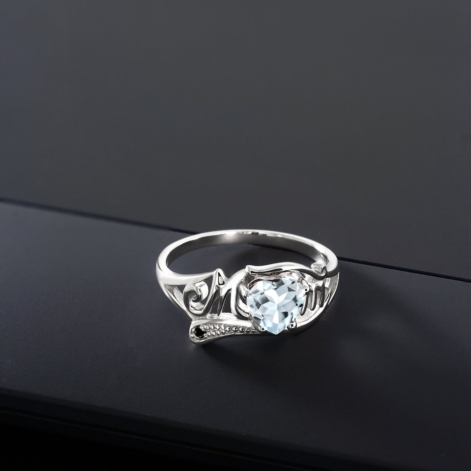 Gem Stone King 0.74 Ct Heart Shape Sky Blue Aquamarine Black Diamond 925 Sterling Silver Ring