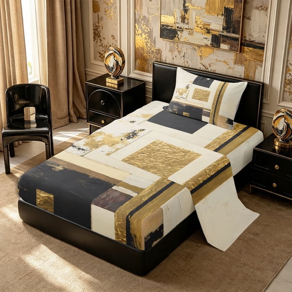 Castle Fairy Mid Century Gold Square Relief Twin Sheets 3pcs,Abstract Textured Brush Splash Bedding,Black Cream,1 Flat Sheet, 1 Fitted Sheet and 1 Pillowcase