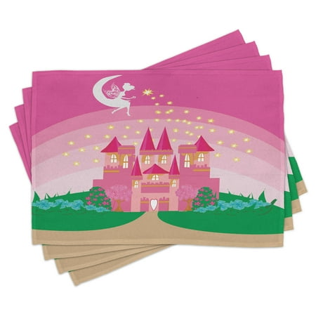 

Girls Placemats Set of 4 Magic Fantasy Fairy Tale Princess Castle with Pixie in Sky Fictional Dream Kingdom Washable Fabric Place Mats for Dining Room Kitchen Table Decor Pink Green by Ambesonne