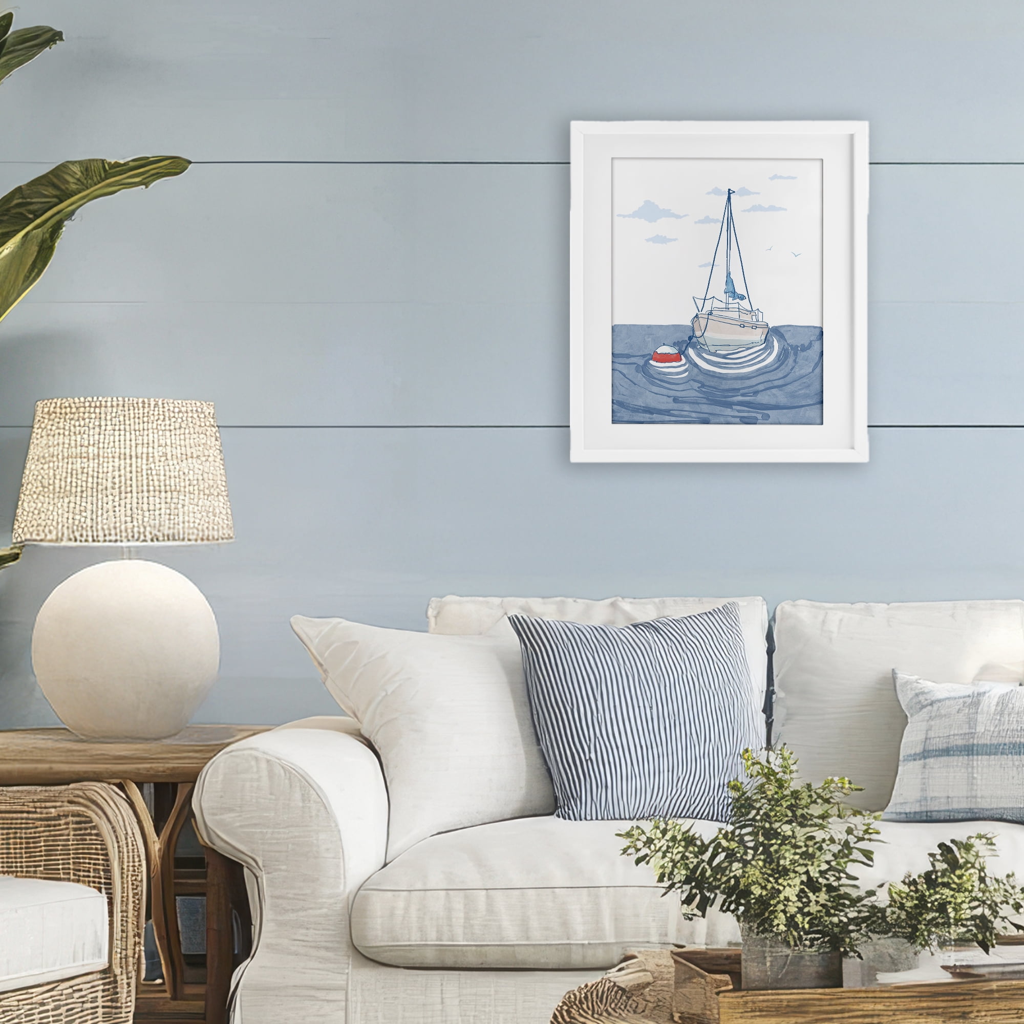 Stupell Industries Cool Tone Sailboat Floating White Framed Print Under Glass, design by Melissa Tilley