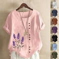 thumbnail image 5 of JSheng Womens Casual Linen Tops Summer Classic Print V-Neck Button Down T-Shirts Loose Short Sleeve Blouses ZE-Pink XXXXXL, 5 of 5