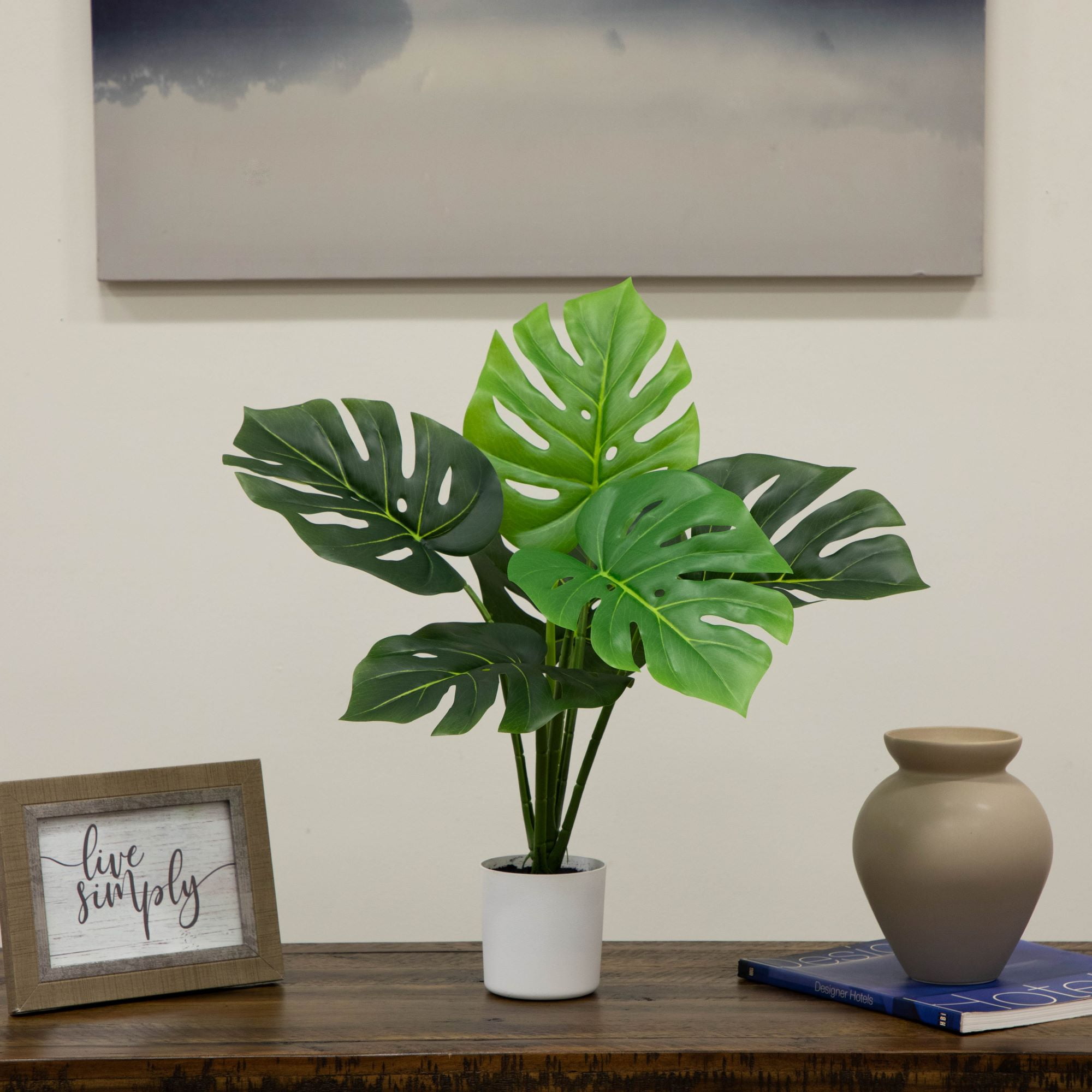 Mainstays 20"H Artificial Indoor Monstera Plant in Plastic Vanilla Plant Container