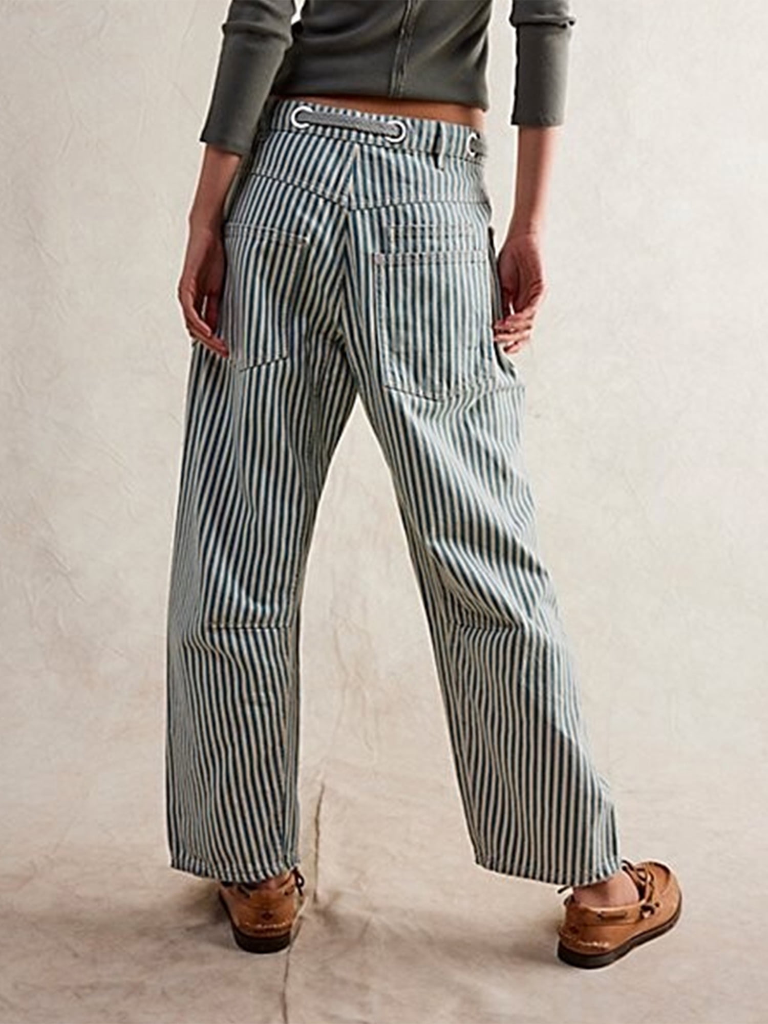 Women Striped Pants, Drawstring Patchwork Wide Leg Pants with Pockets - image 5