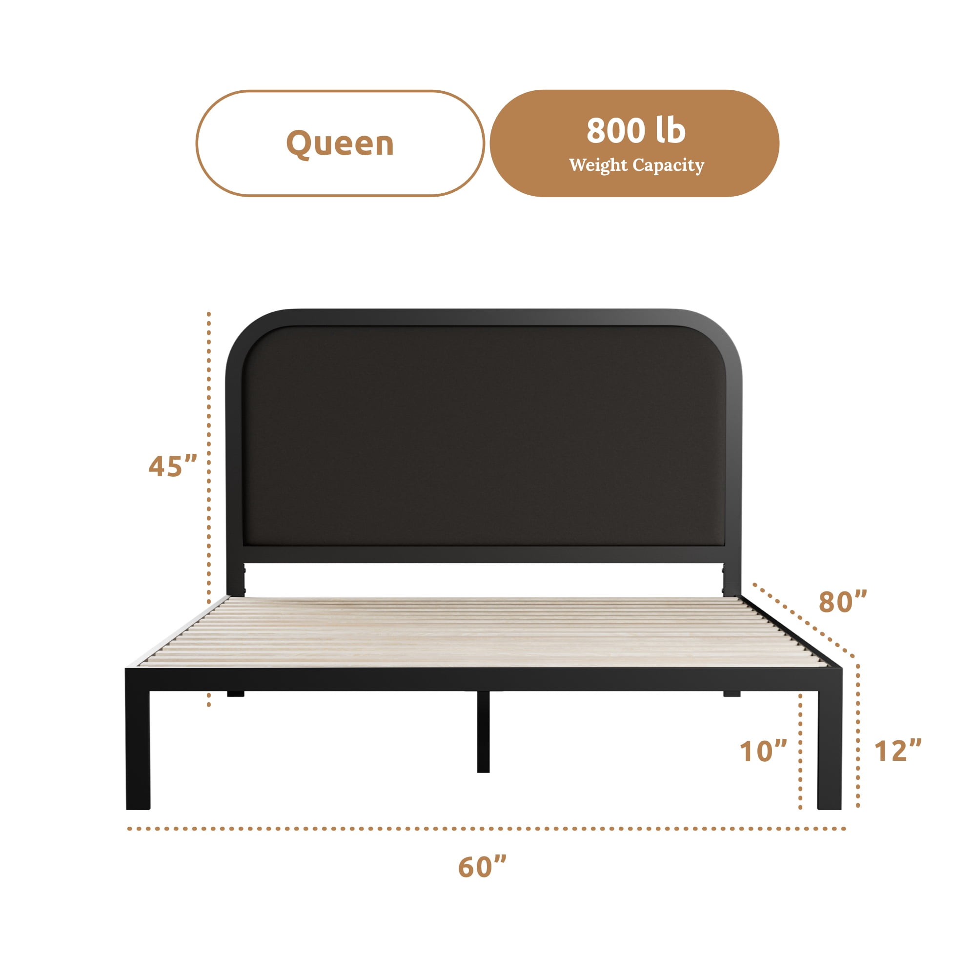 Rest Haven Salem Metal Platform Bed with Rounded Upholstered Headboard, Queen, Charcoal