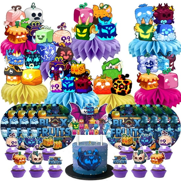 Blox Fruits Party Supplies Decor Plates Fans Decorations Honeycomb Centerpieces Cake Toppers