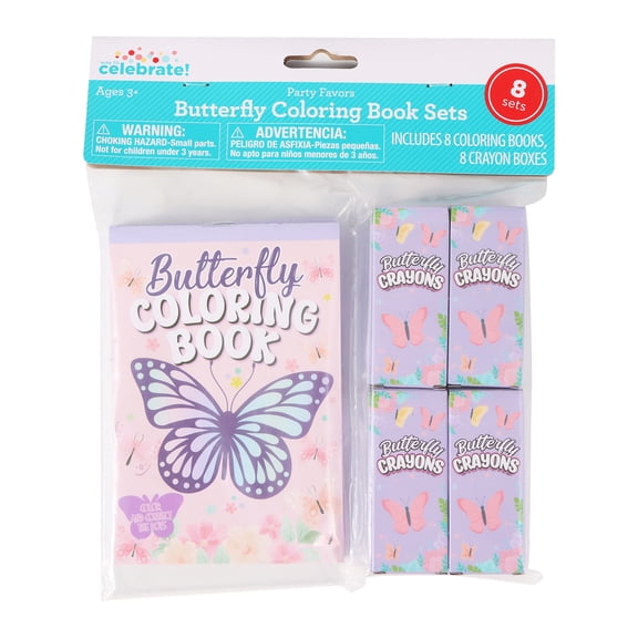 8 Set, Multicolor Butterfly Coloring Book, Party Favors, Includes: 8 Coloring Books, 8 Crayon Boxes, by Way To Celebrate