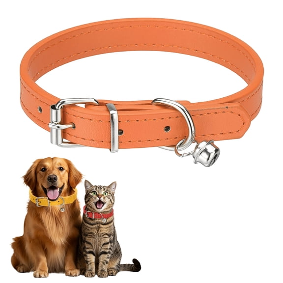 Uxcell Dog Collar with Bell Adjustable Buckle PU Leather Dog Collars 14.5" Orange