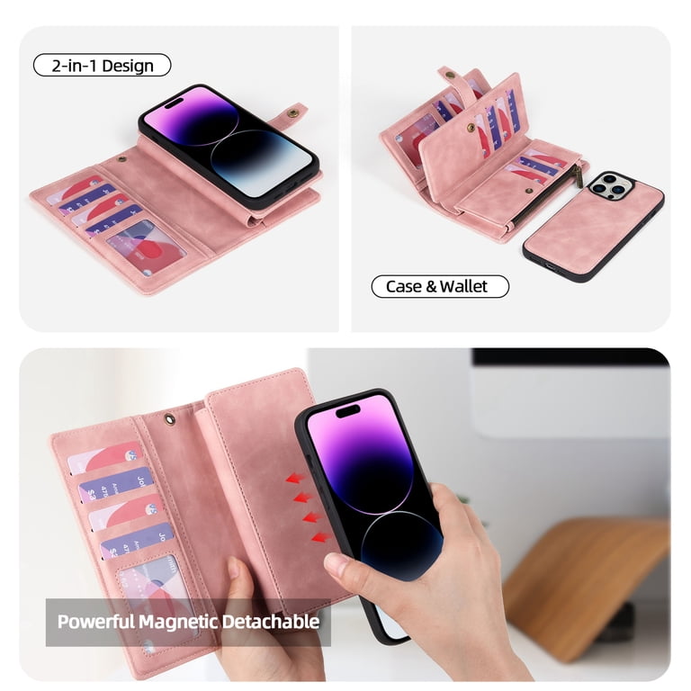 Defencase For IPhone 14 Pro Magnetic Wallet Case Compatible With Magsafe With RFID Blocking Zipper Strap Card Holder For Women, PU Leather Detachable Phone Case For IPhone 14 Pro (6.1 Inch), Wine