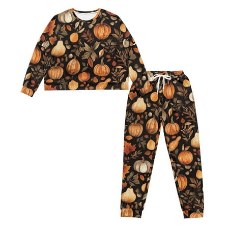 HELLHERO Thanksgiving Pajamas for Women Pumpkin Leaf Printed Sleepwear Soft 2 Piece Pjs Set Long Sleeve Shirt and Pajama Pants Lounge Sets S