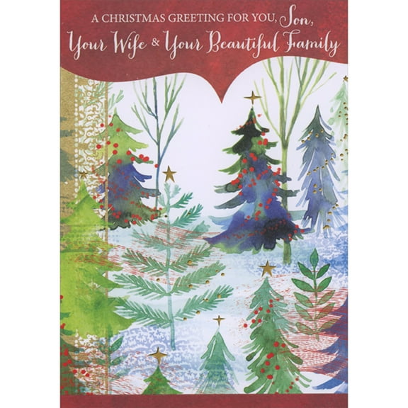 Designer Greetings Blue, Green and Purple Watercolor Trees with Gold Foil Stars and Dots Christmas Card for Son, Wife and Family