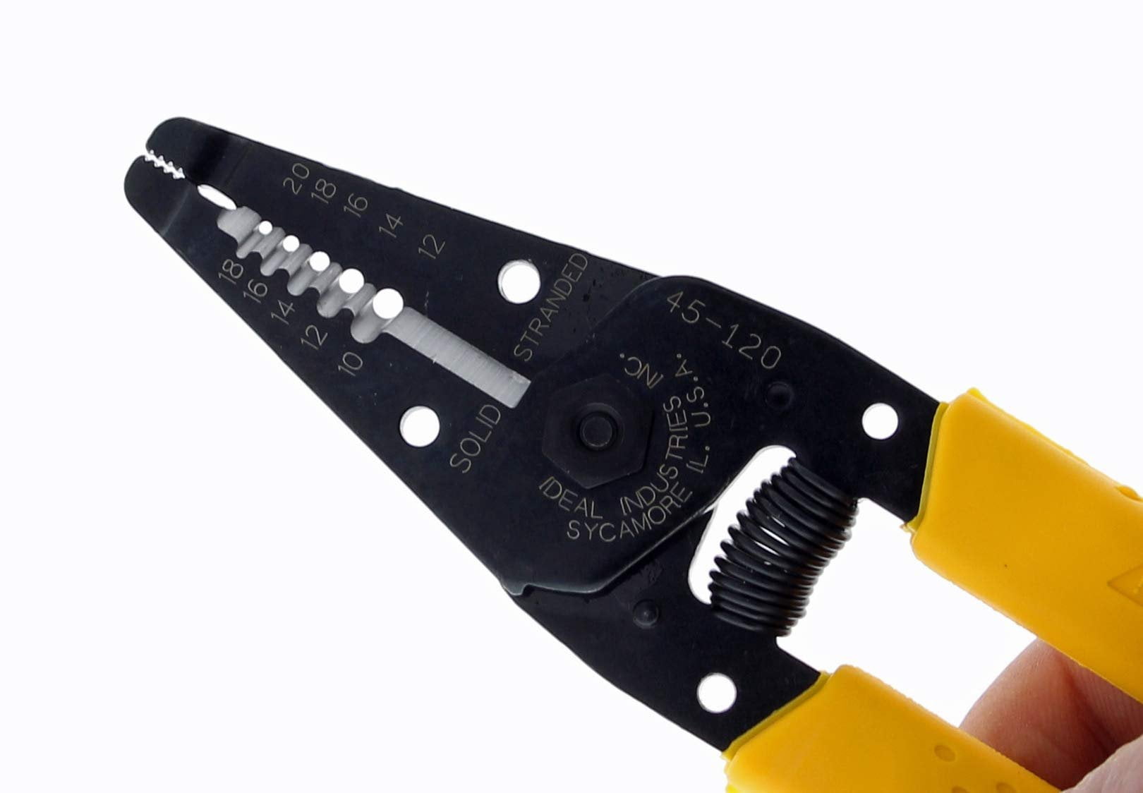 IDEAL Electrical 45-120 T-5 T-Stripper - 10-20 AWG, Yellow Wire Stripper with Looping Holes, Plier Nose, Spring Loaded Automatic Opening,Black
