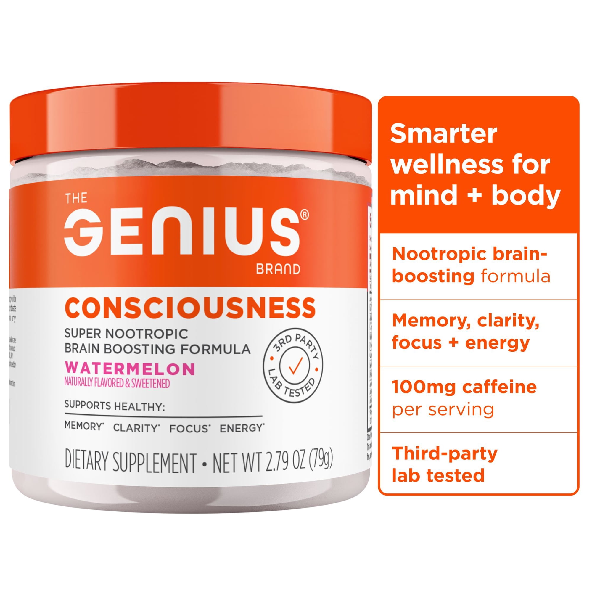 Genius Consciousness - Premium Nootropic Powder for Focus, Memory & Mental Clarity - AlphaSize, NeuroFactor, Lion’s Mane & Dynamine - Natural Brain Booster for Studying, Work & Creativity –Watermelon