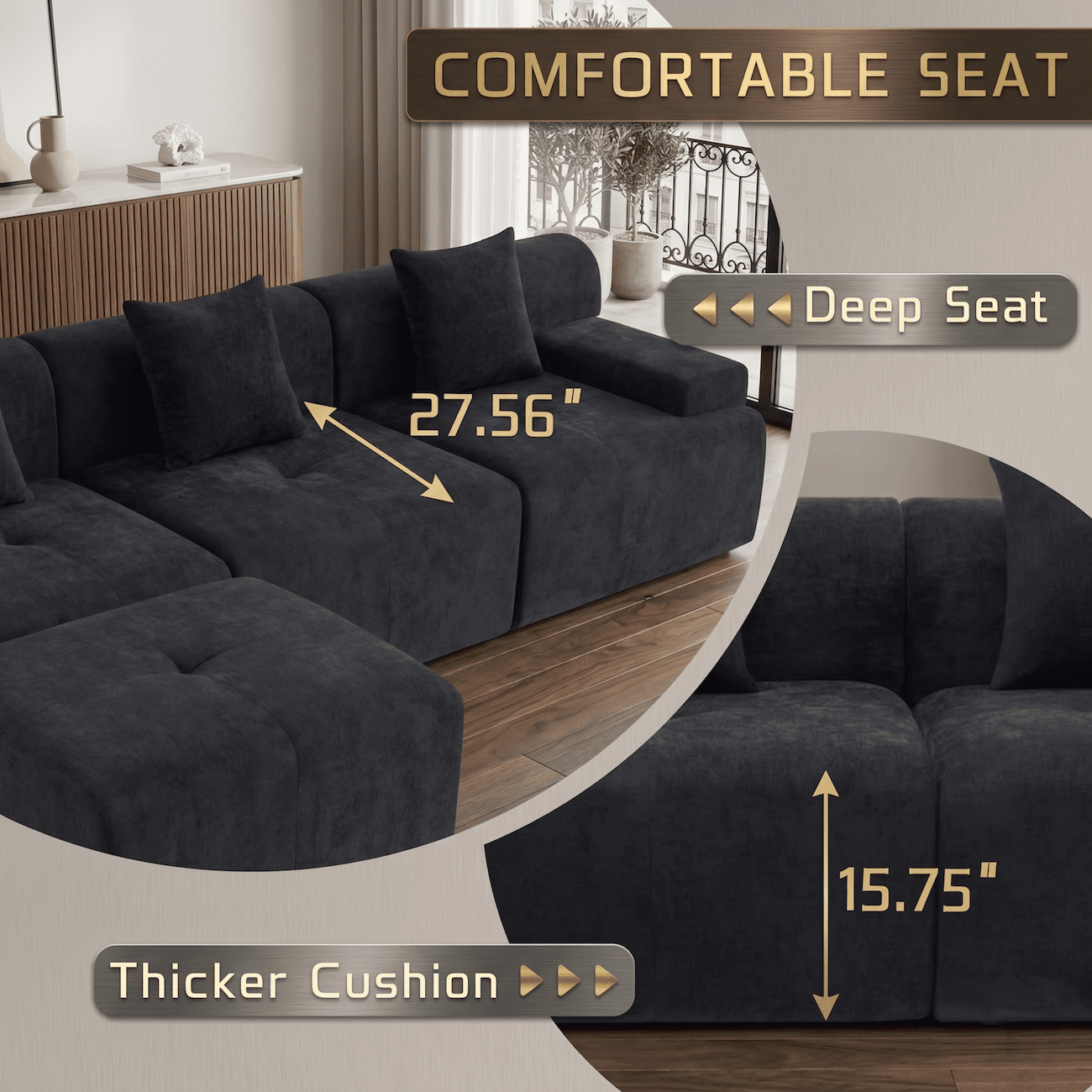 Xiweot Boneless Cloud Couch Sectional Sofa, Oversized Modular Sectional Couch for Living Room, Deep Seat Chenille Sofa with Ottoman, No Assembly Full Foam Comfy Couch for Apartment Bedroom (Black)