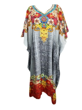 Mogul Women's Jewel Print Caftan Kimono Resort Wear Beach Cover Up Kaftan Dress 3X