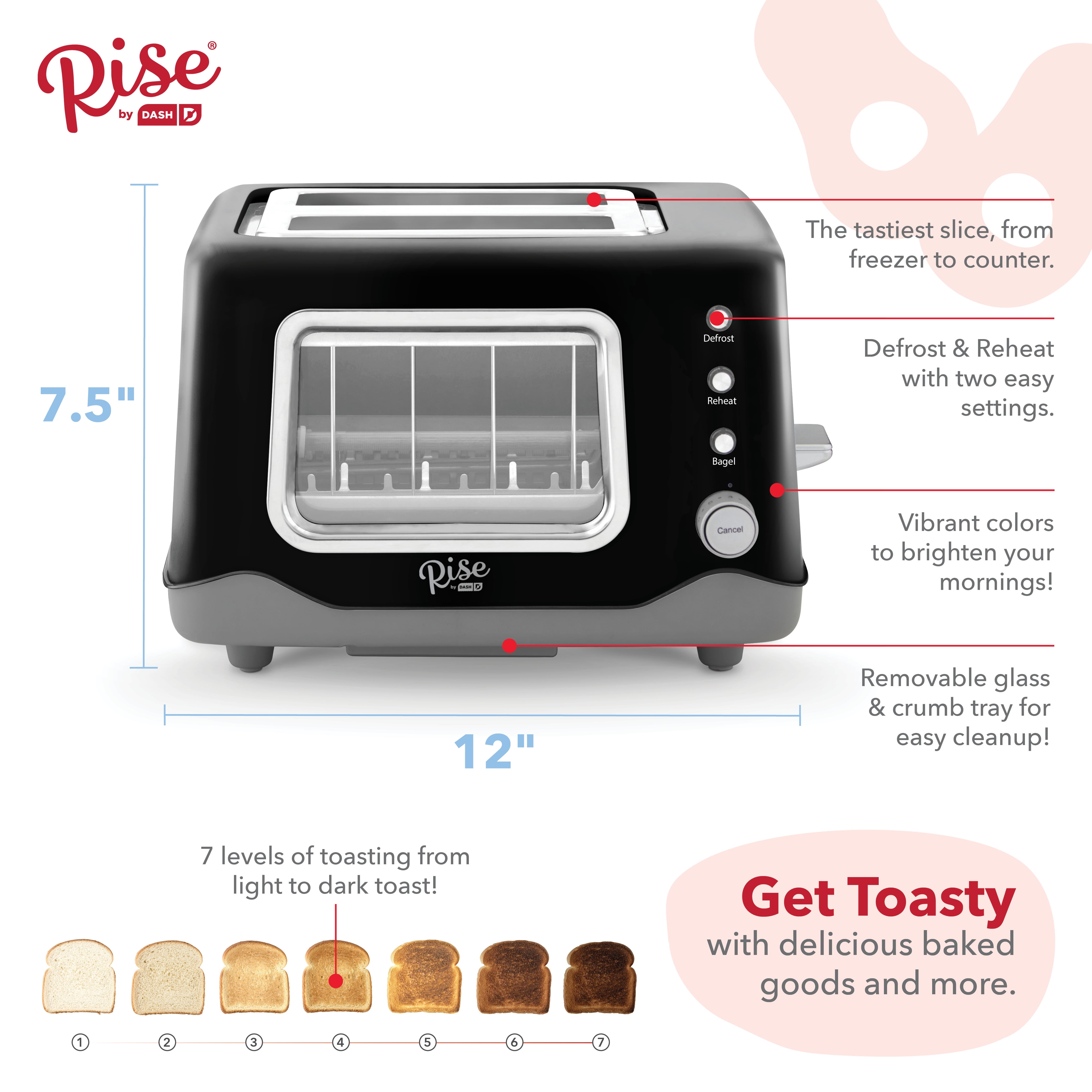 Rise by Dash RCVT200GBSK02 Clear View Window 2-Slice Toaster, Blue
