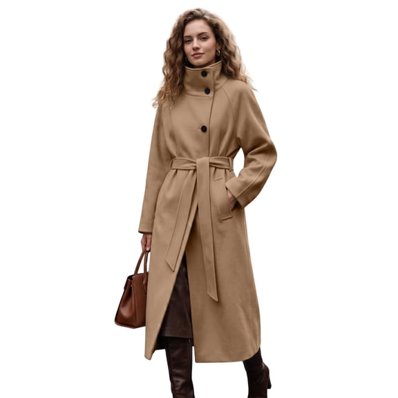 Women's Wool Blend Long Pea Coats Oversized Stand Collar Winter Overcoat with Belt