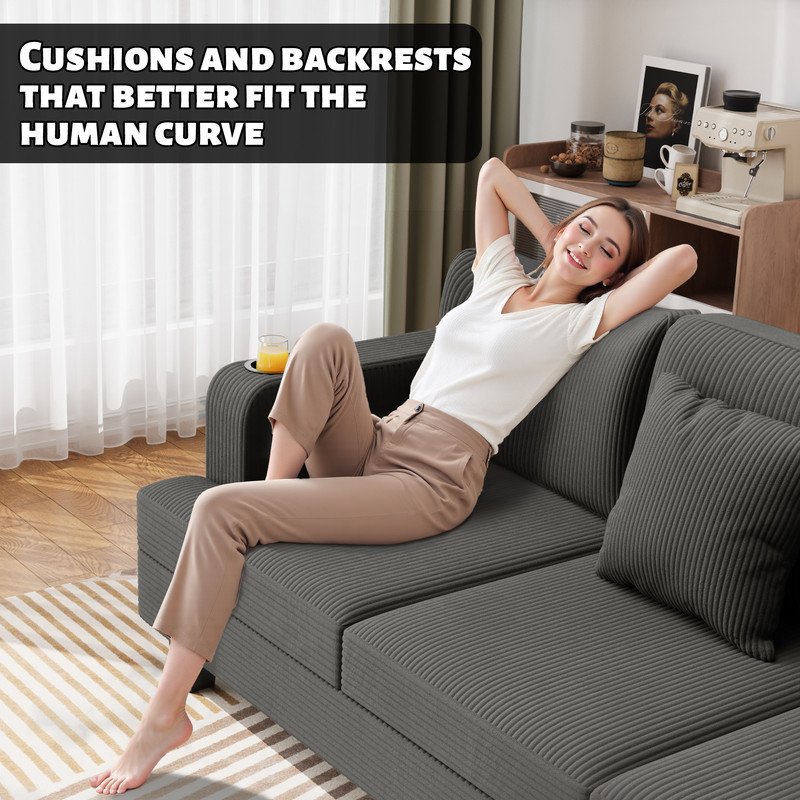 Homall 84''W Modern Sofa 3 Seat Adult Corduroy Couch with Wide Armrest Fabric Couch with USB Charging Ports for Living Room, Gray