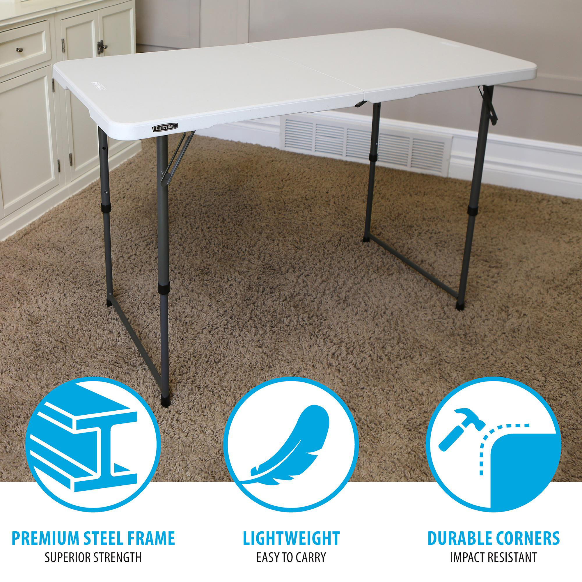 Lifetime 4-Foot Fold-in-Half Adjustable Height Table, White photo 6