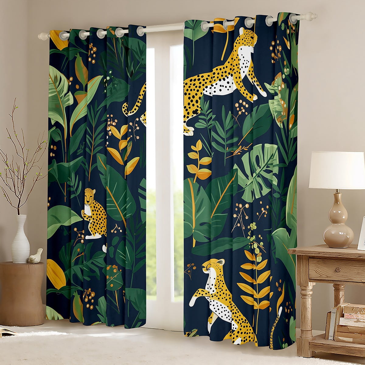 Castle Fairy Animal Cheetah Black Out Curtains,Botanical Plants Curtains Pack of 2 (42x63 Each),Woodland Wildlife Bedroom Curtains,Ultra Soft Cartoon Home Decor