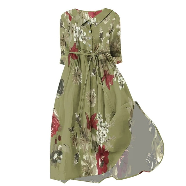 Pisexur Robes d'Invité de Mariage pour Femmes 2024 Mode Boho Imprimé Floral Robe Maxi Décontractée Fluide Manches Courtes Col en V Robe de Retour à la Maison Tunique à Boutons Robe de Cocktail à Cordon Grande Taille P-4TG