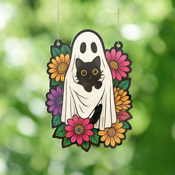 Lotusprinthandmade Cute Cat and Spooky Floral Halloween Custom Shape Window Hanging Acrylic Ornament (4x4), halloween spooky with floral ornament