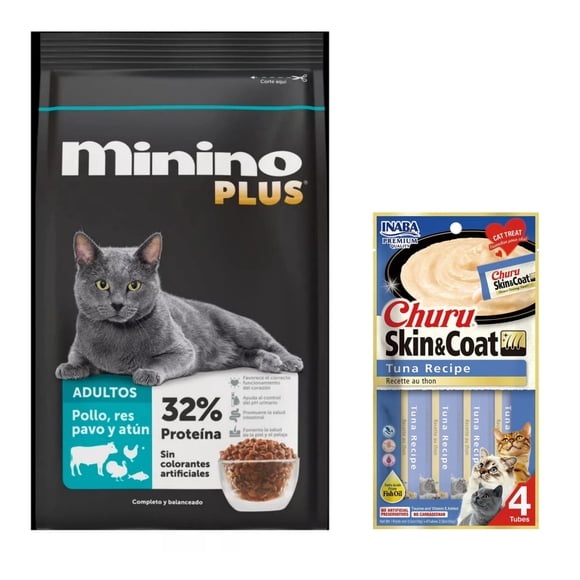Minino Plus 10 kg + Churu Skin & Coat Atún Snack 4 tubos de 14g