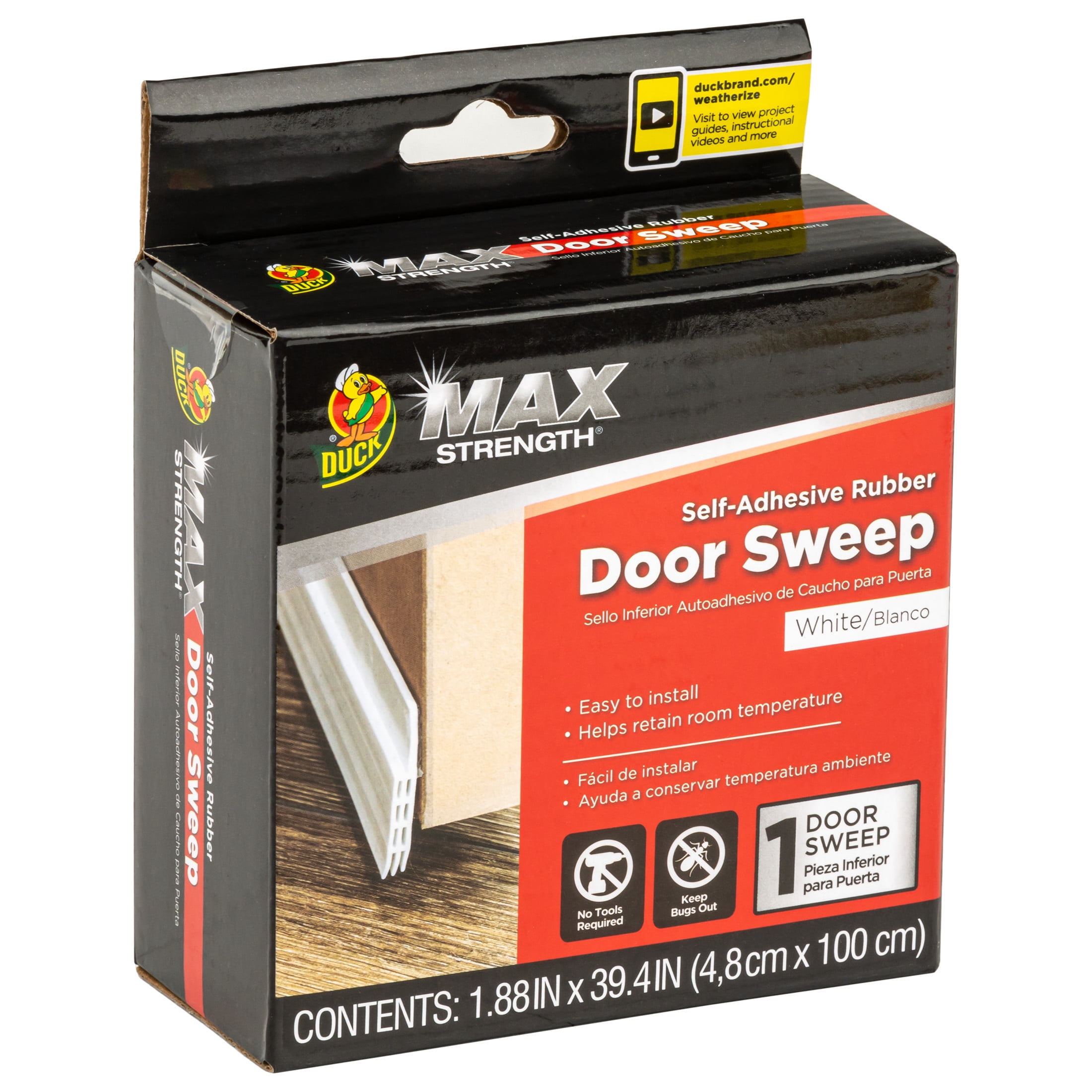 (4 pack) Duck Brand, 1.88 Inch X 39.4 Inch White Self-Adhesive Rubber Door Bottom Sweep, Blocks Drafts