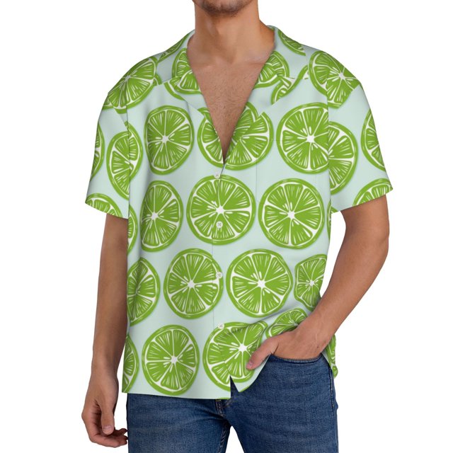 Fotbe Green Lemon Slices Camisa Estampada de Manga Corta para Hombre, Casual de Verano, Estilo Playero, Sin Arrugas-X-Large