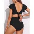 thumbnail image 3 of Attraco Maternity Swimsuit Scoop Neck Two Piece Ruffle Sleeve Ribbed Bikini Sets Ruched Bikini Tie Knot High Waisted Pregnancy Swimwear, 3 of 9