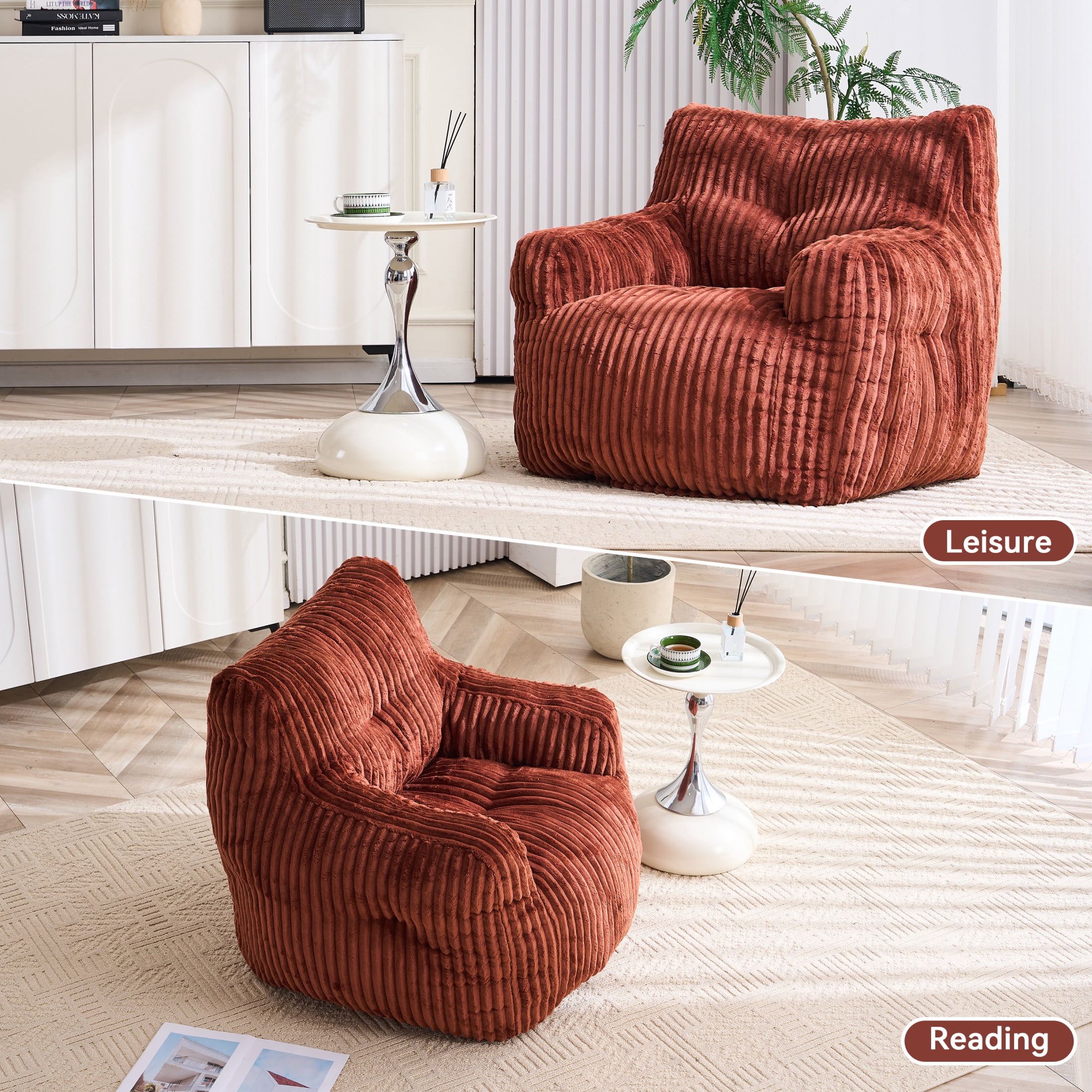 Noble House Solley 39" Fluffy Corduroy Bean Bag Chair, Memory Sponge Floor Lounger Accent Seat for Living Room, Red