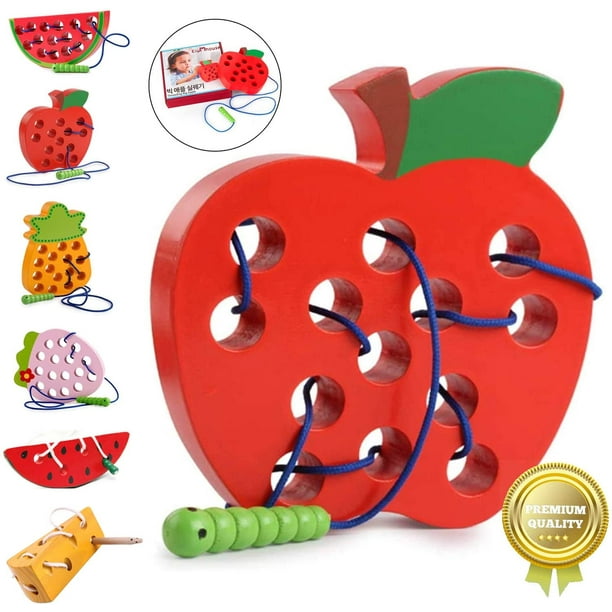 Wood threading game apple threading toy montessori toy wood