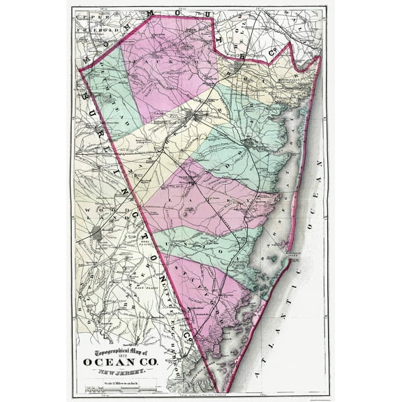 Historic County Map - Ocean County New Jersey - Beers 1872 - 23 x 34.38 - Vintage Wall Art
