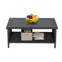 Ktaxon X-Large Outdoor Wicker Coffee Table with Tempered Glass Top and Storage, Black