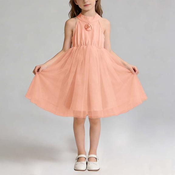 Cethrio Summer Dresses for Girl 2026, Neck Strap Sleeveless Mesh Party Kids Midi Dresses Pink Size 10