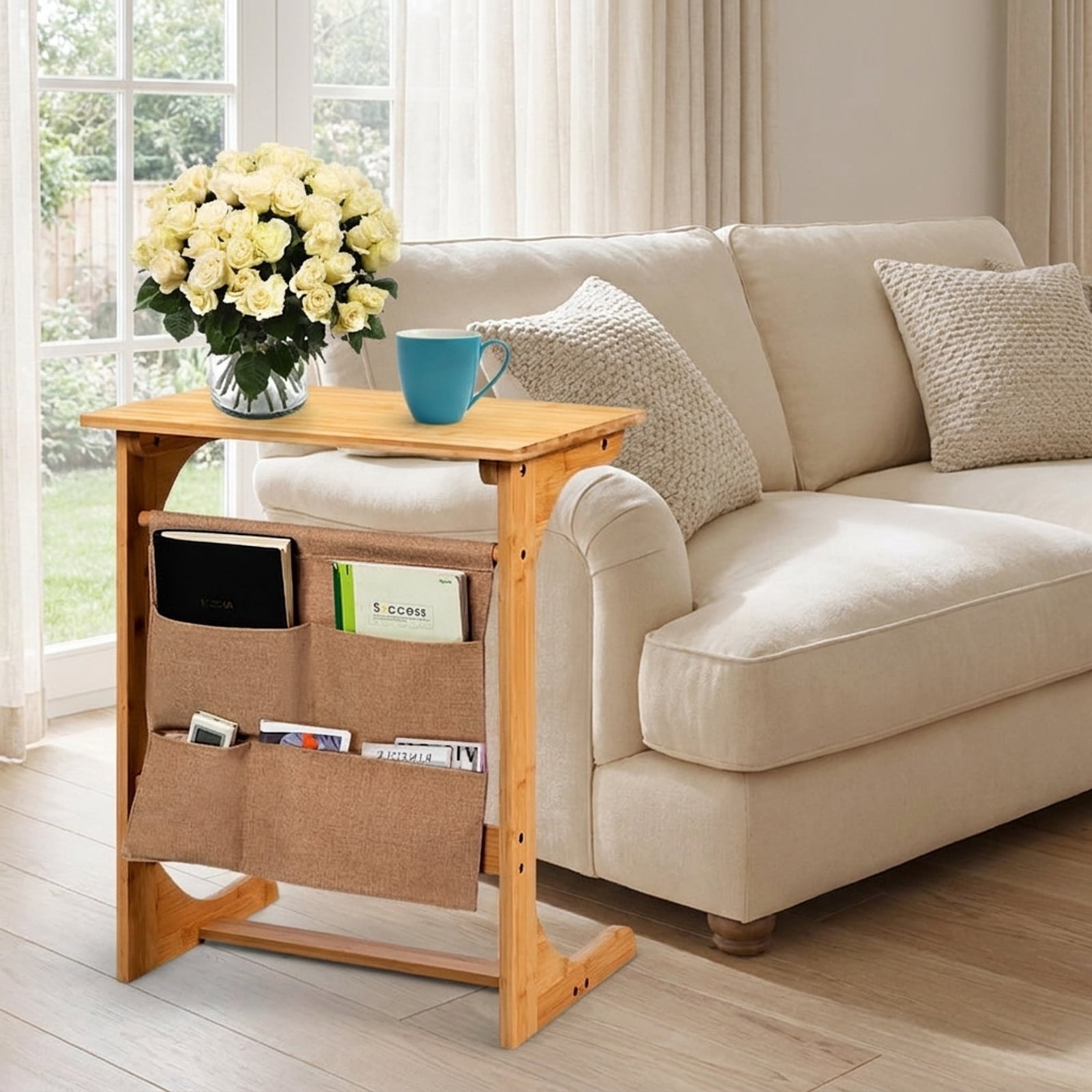 Furnibear Bamboo Sofa Table End Table Bedside Table with Storage Bag - Natural - Bedroom Accent Nightstand Furniture
