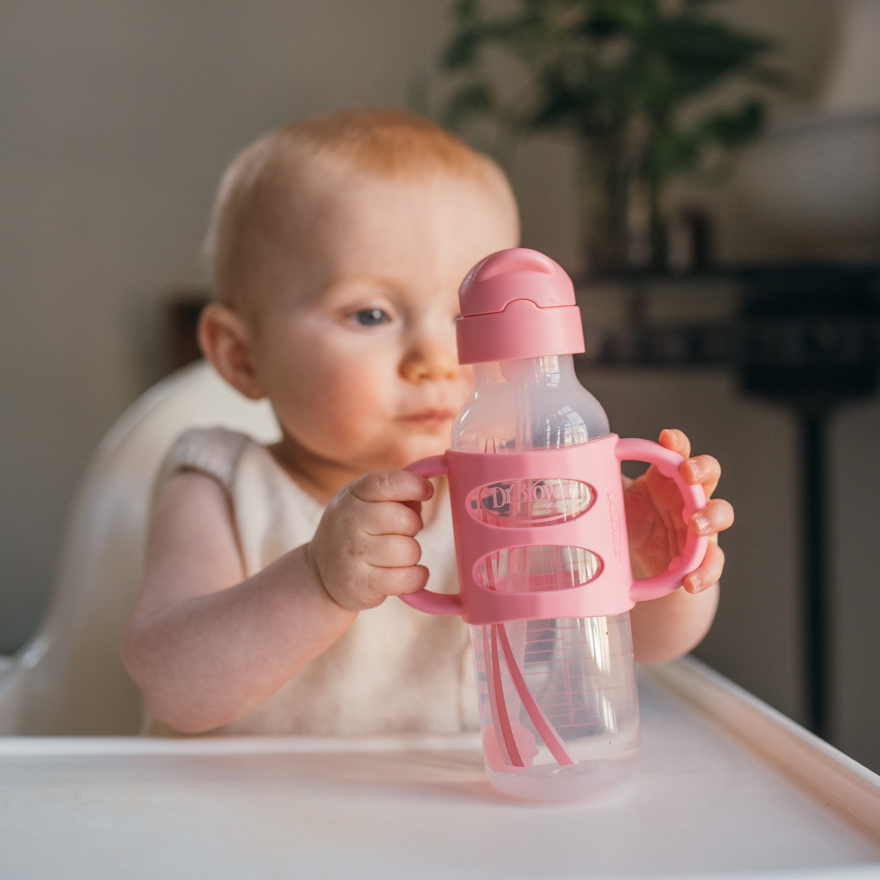 Dr. Brown's Milestones Narrow Sippy Straw Bottle with 100% Silicone Handles, 8oz/250mL, Pink, 1 Pack, 6m+