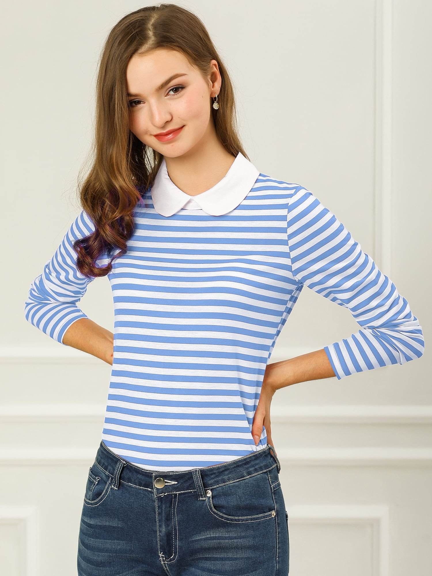 DARING DIVA Peter Pan Collar Striped Top M Light Blue