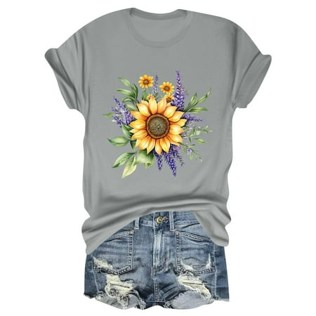 NAMTYQX Going Out Tops for Women Muster Scoop Neck Boyfriend Hawaiian Lightweight Pattern Short Sleeve Cool Plus Size Women s Blouses Light Gray Size S