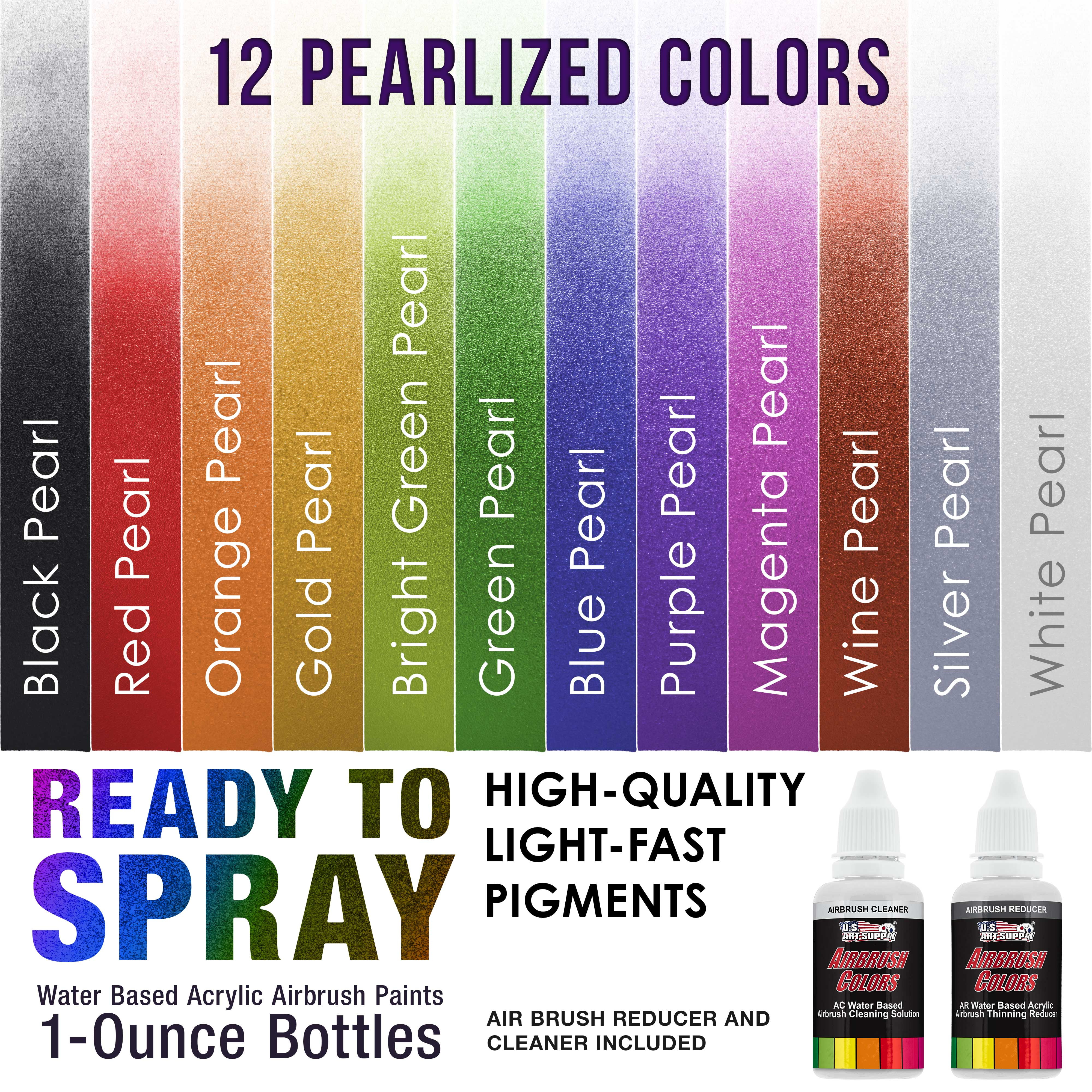 U.S. Art Supply 12 Color Pearlized Acrylic Airbrush, Leather & Shoe Paint Set; Pearl Colors plus Reducer & Cleaner 1 oz. Bottles